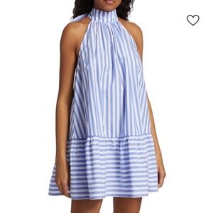 STAUD Marlowe Mini Dress - Sea Stripe Blue White Cotton Bow